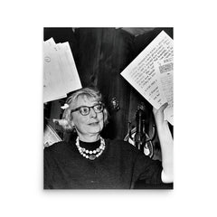 Jane Jacobs poster on a plain backdrop in size 16"x20".