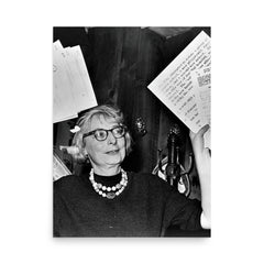 Jane Jacobs poster on a plain backdrop in size 18"x24".