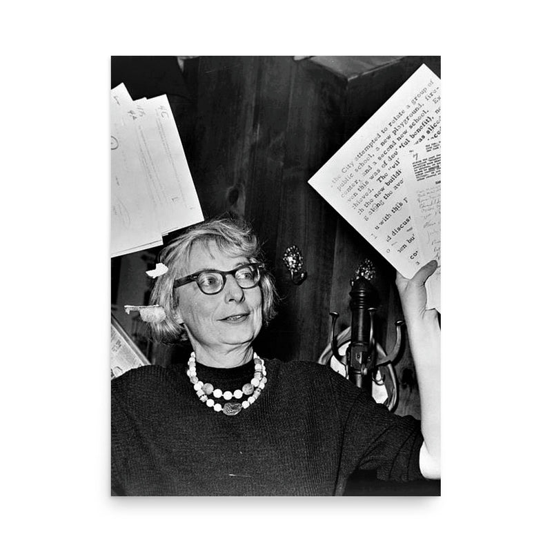 Jane Jacobs poster on a plain backdrop in size 18