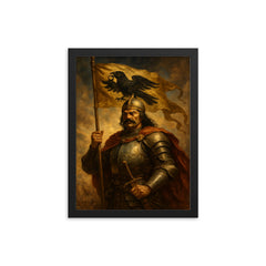 Janos Hunyadi and raven standard framed print on a plain backdrop in size 12"x16".