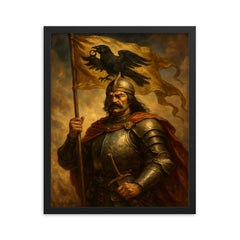 Janos Hunyadi and raven standard framed print on a plain backdrop in size 16"x20".