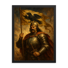 Janos Hunyadi and raven standard framed print on a plain backdrop in size 18"x24".