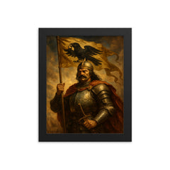 Janos Hunyadi and raven standard framed print on a plain backdrop in size 8"x10".