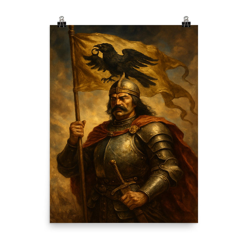 Janos Hunyadi and raven standard poster on a plain backdrop in size 8