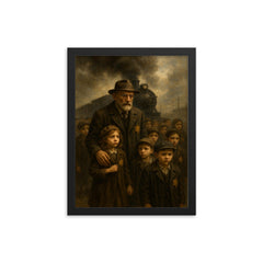Janusz Korczak leading children toward the train framed print on a plain backdrop in size 12"x16".
