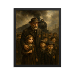 Janusz Korczak leading children toward the train framed print on a plain backdrop in size 16"x20".