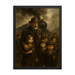 Janusz Korczak leading children toward the train framed print on a plain backdrop in size 18"x24".