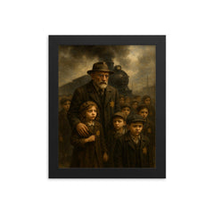Janusz Korczak leading children toward the train framed print on a plain backdrop in size 8"x10".