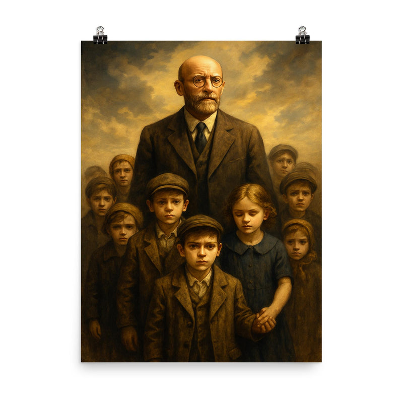 Janusz Korczak leading orphan children with impossible dignity poster on a plain backdrop in size 8