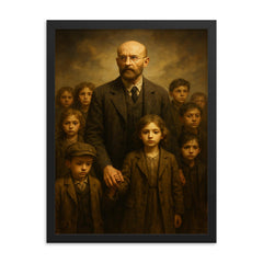 Janusz Korczak leading orphans with dignity framed print on a plain backdrop in size 18"x24".