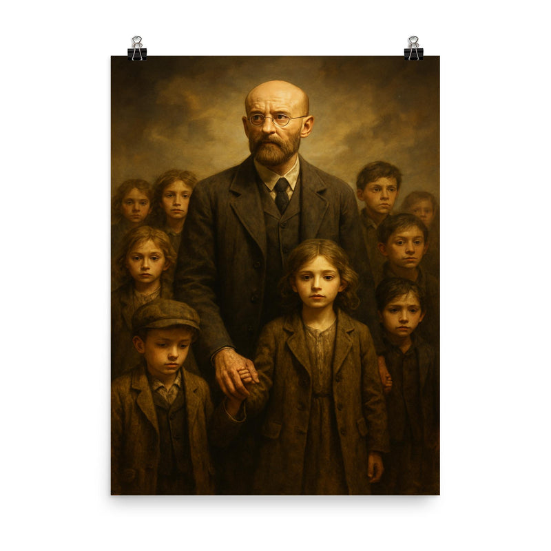 Janusz Korczak leading orphans with dignity poster on a plain backdrop in size 8