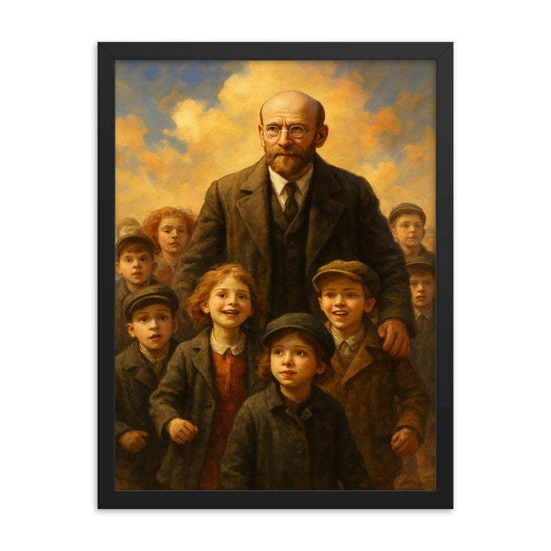 Janusz Korczak marching with orphan children framed print on a plain backdrop in size 18