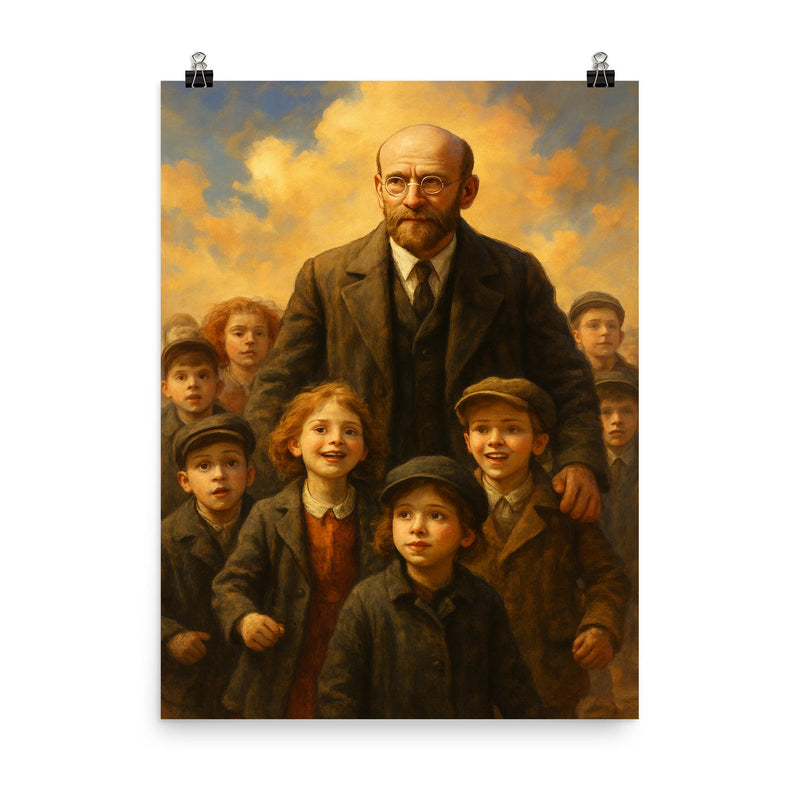 Janusz Korczak marching with orphan children poster on a plain backdrop in size 8