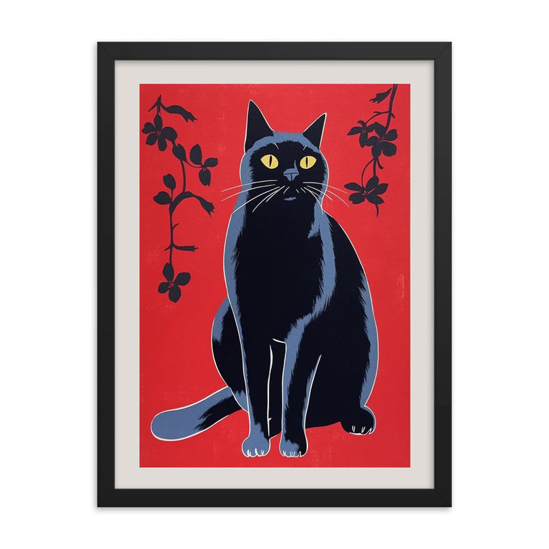 Japanese black cat on a red background - vintage minimalistic Japanese art framed print on a plain backdrop in size 18