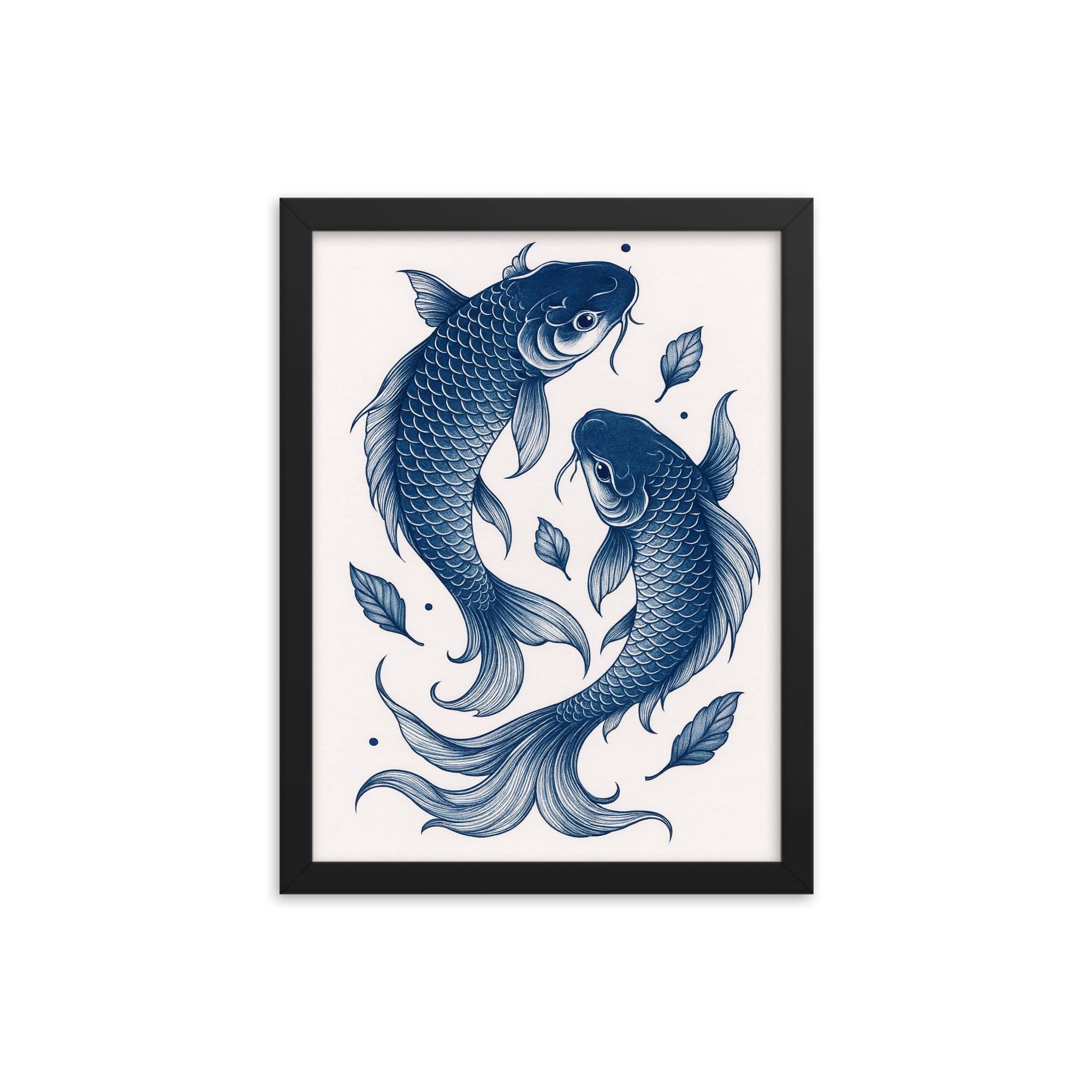 Japanese blue koi fish art, minimalistic vintage Japanese woodblock style print framed print on a plain backdrop in size 12"x16".