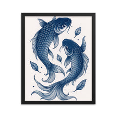 Japanese blue koi fish art, minimalistic vintage Japanese woodblock style print framed print on a plain backdrop in size 16"x20".