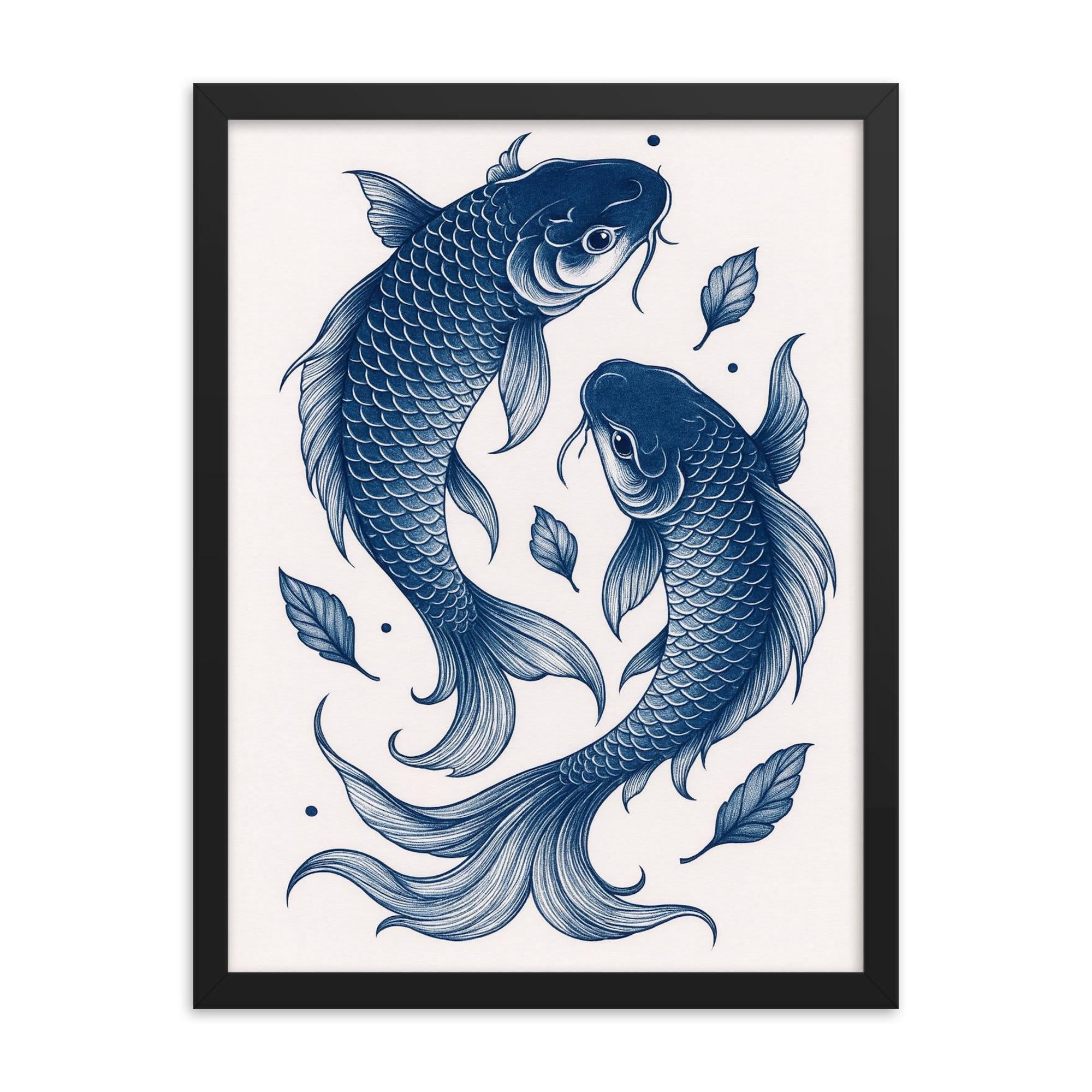 Japanese blue koi fish art, minimalistic vintage Japanese woodblock style print framed print on a plain backdrop in size 18"x24".