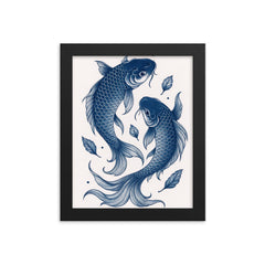 Japanese blue koi fish art, minimalistic vintage Japanese woodblock style print framed print on a plain backdrop in size 8"x10".