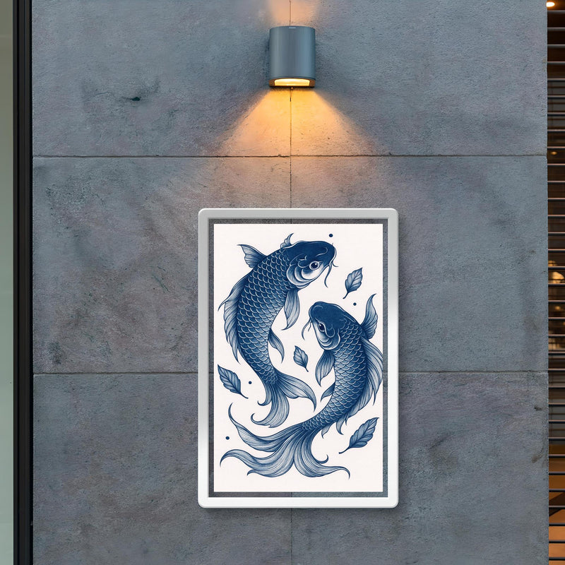 Japanese blue koi fish art, minimalistic vintage Japanese woodblock style print poster 2