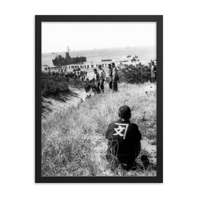 Japanese Citizen Watching US Troops Land for Post-War Occupation, Japan 1945 framed print on a plain backdrop in size 18