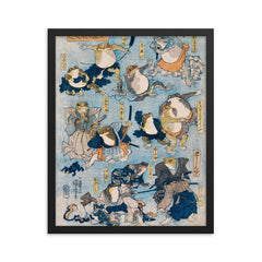 Japanese frogs - funny Japanese wall art framed print on a plain backdrop in size 16"x20".