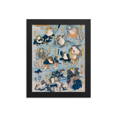 Japanese frogs - funny Japanese wall art framed print on a plain backdrop in size 8"x10".