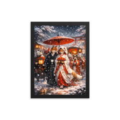 Japanese kitsune wedding procession in snowfall framed print on a plain backdrop in size 12"x16".
