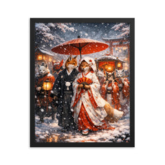 Japanese kitsune wedding procession in snowfall framed print on a plain backdrop in size 16"x20".