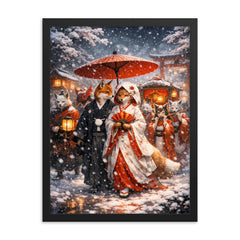 Japanese kitsune wedding procession in snowfall framed print on a plain backdrop in size 18"x24".