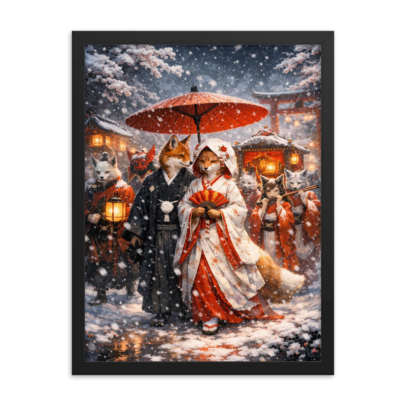 Japanese kitsune wedding procession in snowfall framed print on a plain backdrop in size 18