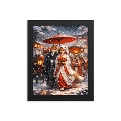 Japanese kitsune wedding procession in snowfall framed print on a plain backdrop in size 8"x10".