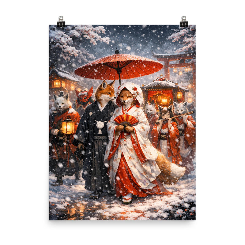 Japanese kitsune wedding procession in snowfall poster on a plain backdrop in size 8