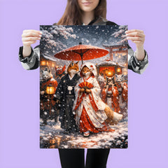 Japanese kitsune wedding procession in snowfall poster 3