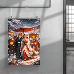 Japanese kitsune wedding procession in snowfall poster 4