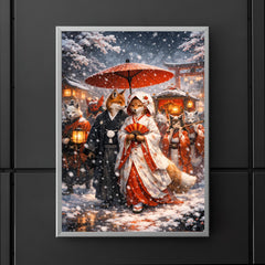 Japanese kitsune wedding procession in snowfall poster 5
