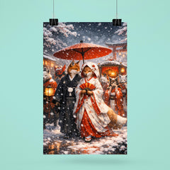 Japanese kitsune wedding procession in snowfall poster 6