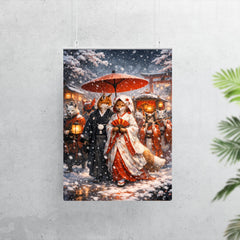 Japanese kitsune wedding procession in snowfall poster 7