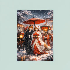 Japanese kitsune wedding procession in snowfall poster 8