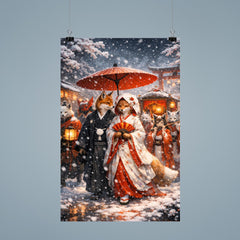 Japanese kitsune wedding procession in snowfall poster 9