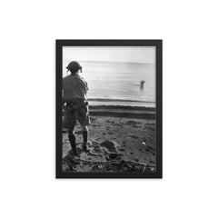 Japanese Soldier Wades Into Sea with Grenade, December 18, 1942 framed print on a plain backdrop in size 12"x16".
