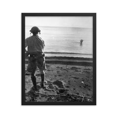 Japanese Soldier Wades Into Sea with Grenade, December 18, 1942 framed print on a plain backdrop in size 16"x20".