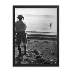 Japanese Soldier Wades Into Sea with Grenade, December 18, 1942 framed print on a plain backdrop in size 18"x24".