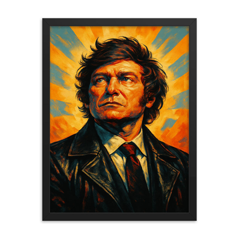 Javier Milei framed print on a plain backdrop in size 18