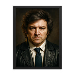 Javier Milei portrait framed print on a plain backdrop in size 18"x24".