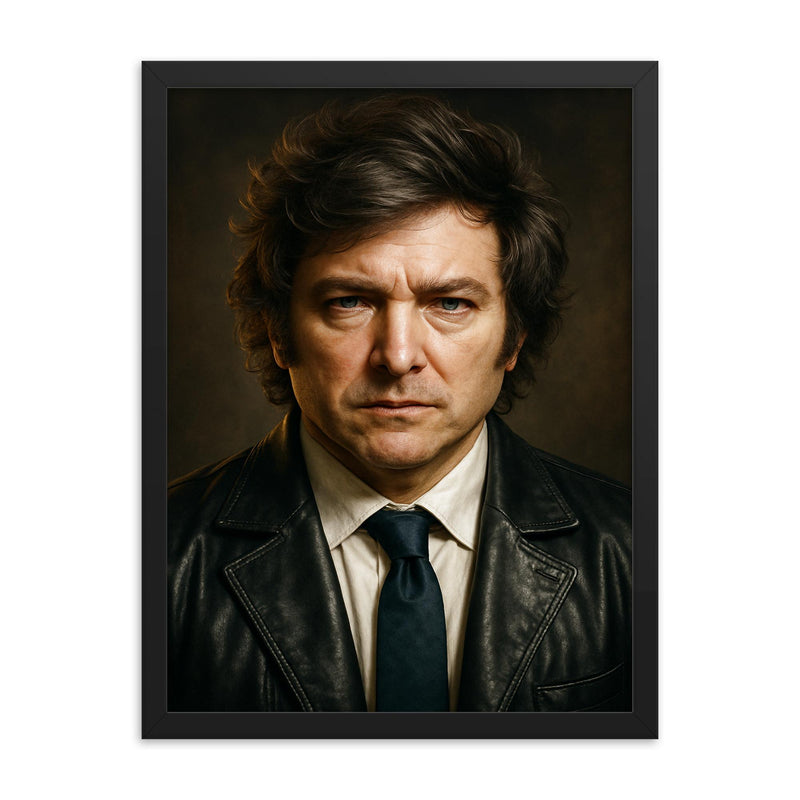 Javier Milei portrait framed print on a plain backdrop in size 18