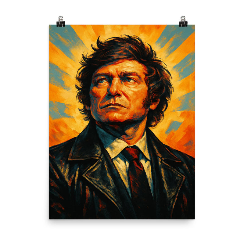 Javier Milei poster on a plain backdrop in size 8