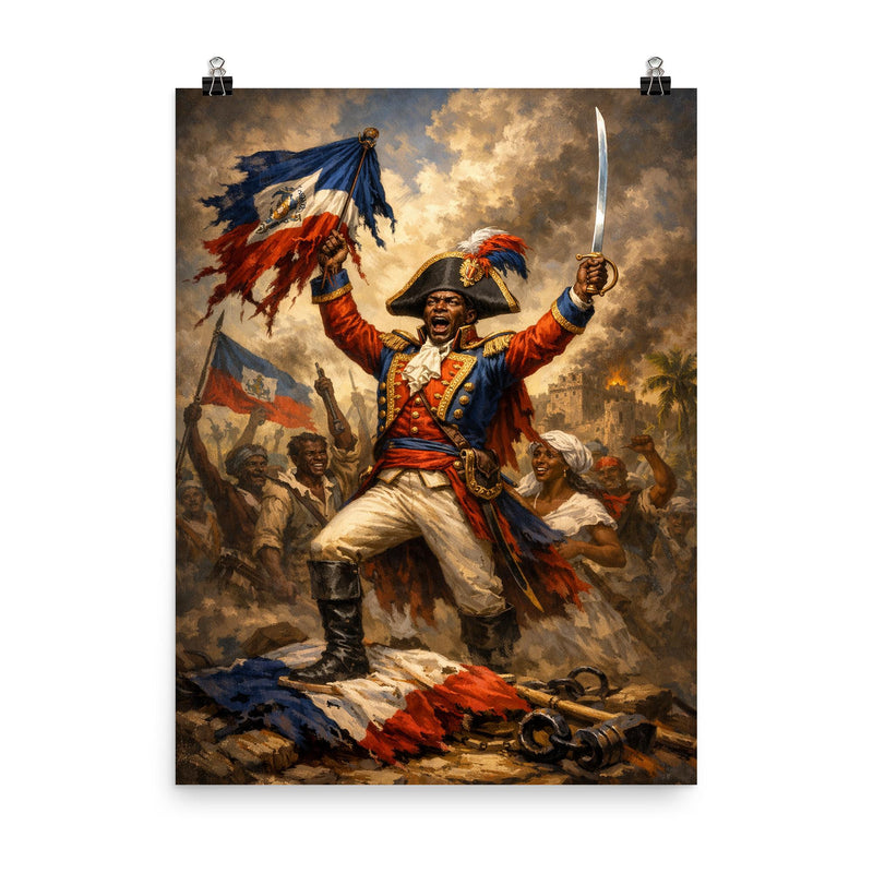 Jean Jacques Dessalines at Haitian independence proclamation poster on a plain backdrop in size 8