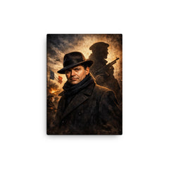 Jean Moulin in hat and Resistance shadow canvas print on a plain backdrop in size 12"x16".