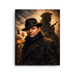 Jean Moulin in hat and Resistance shadow canvas print on a plain backdrop in size 16"x20".