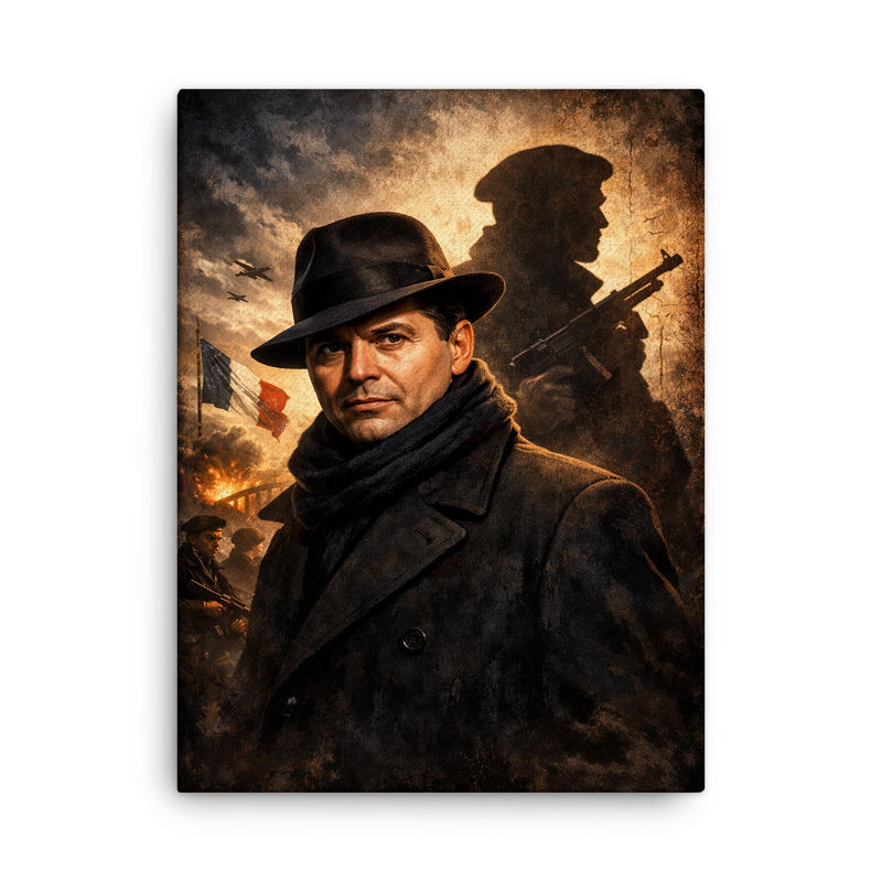 Jean Moulin in hat and Resistance shadow canvas print on a plain backdrop in size 18